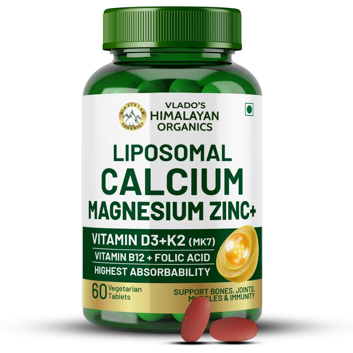 Vlado’s Himalayan Organics Plant Based Calcium Magnesium + Zinc | Vitamin D3+k2 Supplement For Stronger Bones | Boost Immunity | Healthy Heart | Muscle Growth - 60 Veg Tablets