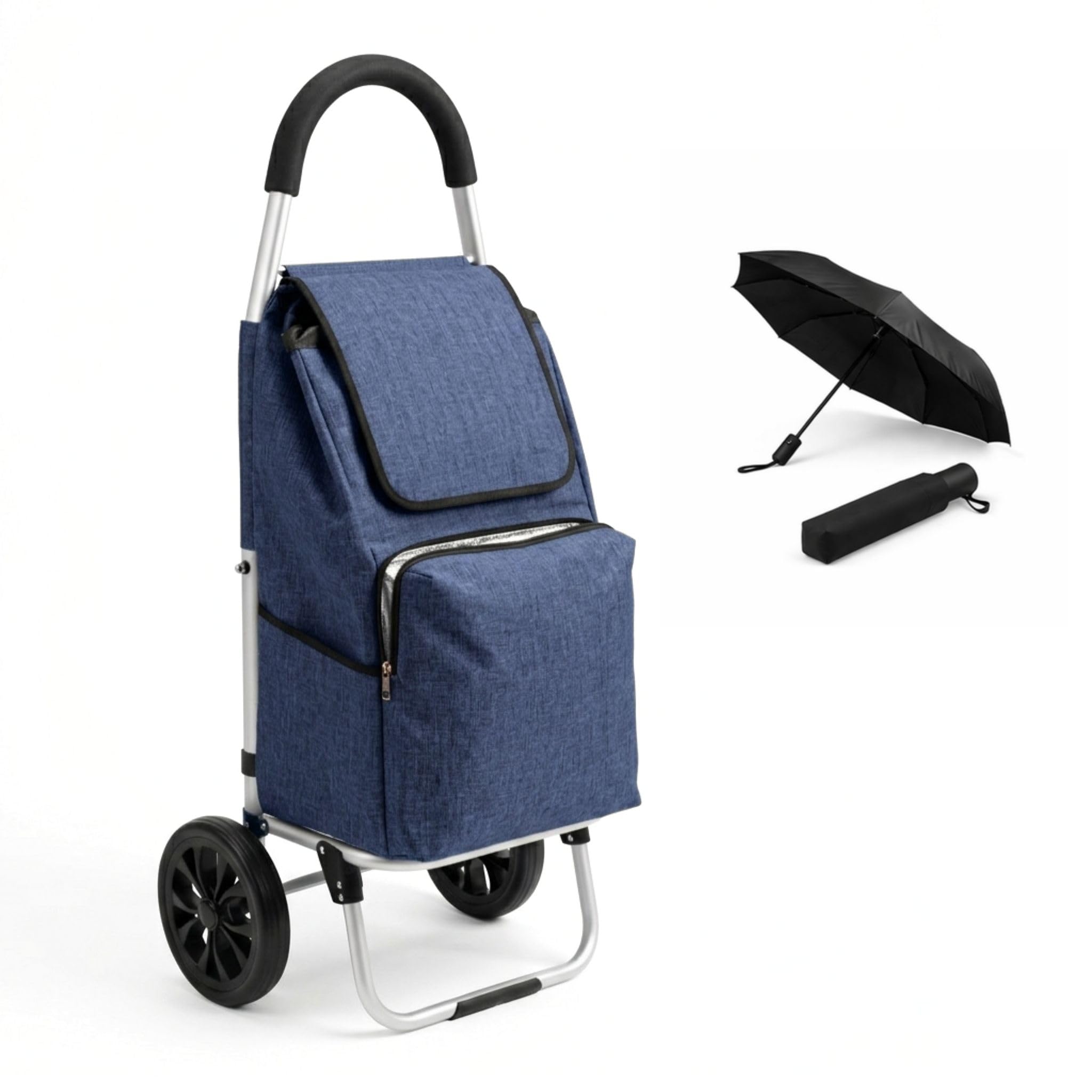 Einkaufstrolley klappbar mit Kühlfach, Einkaufshilfe Aluminium leicht, Einkaufswagen Shopper Trolley rückenschonend, inkl. Regenschirm (Navy Blau)