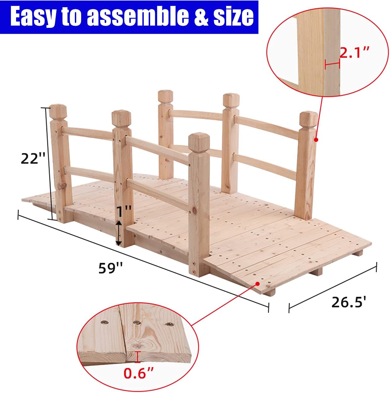 DTEXCCNXS Stronger & Anticorrosive Garden Bridge for Outdoors 5ft, Wooden Arch Landscape with Safer Railsm, 500lbs Capacity Decorative Backyard Pond Courtyard Walkway (Natural Wood)