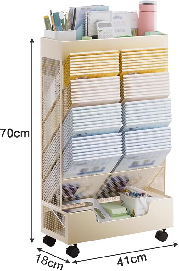 6 Tier Bookshelf Narrow, Small Metal Bookcase with Wheels, Mobile Book Shelf Paper Cart, Book Case Display Shelf for Home Study Office Living Room Classroom, White