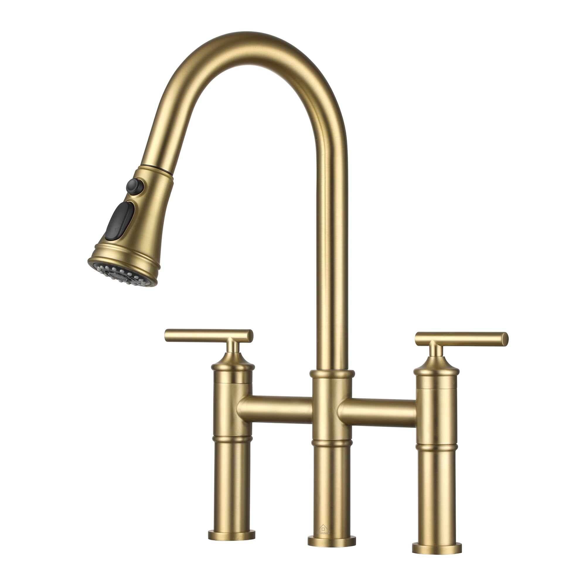 Casainc Kitchen Faucet with Sprayer, Brushed Gold Bridge Kitchen Faucet, 3-Types Water 3 Hole Kitchen Faucet 2 Handle 8 in Black Faucet for Kitchen Sinks, Brass Faucet for Kitchen Renovation