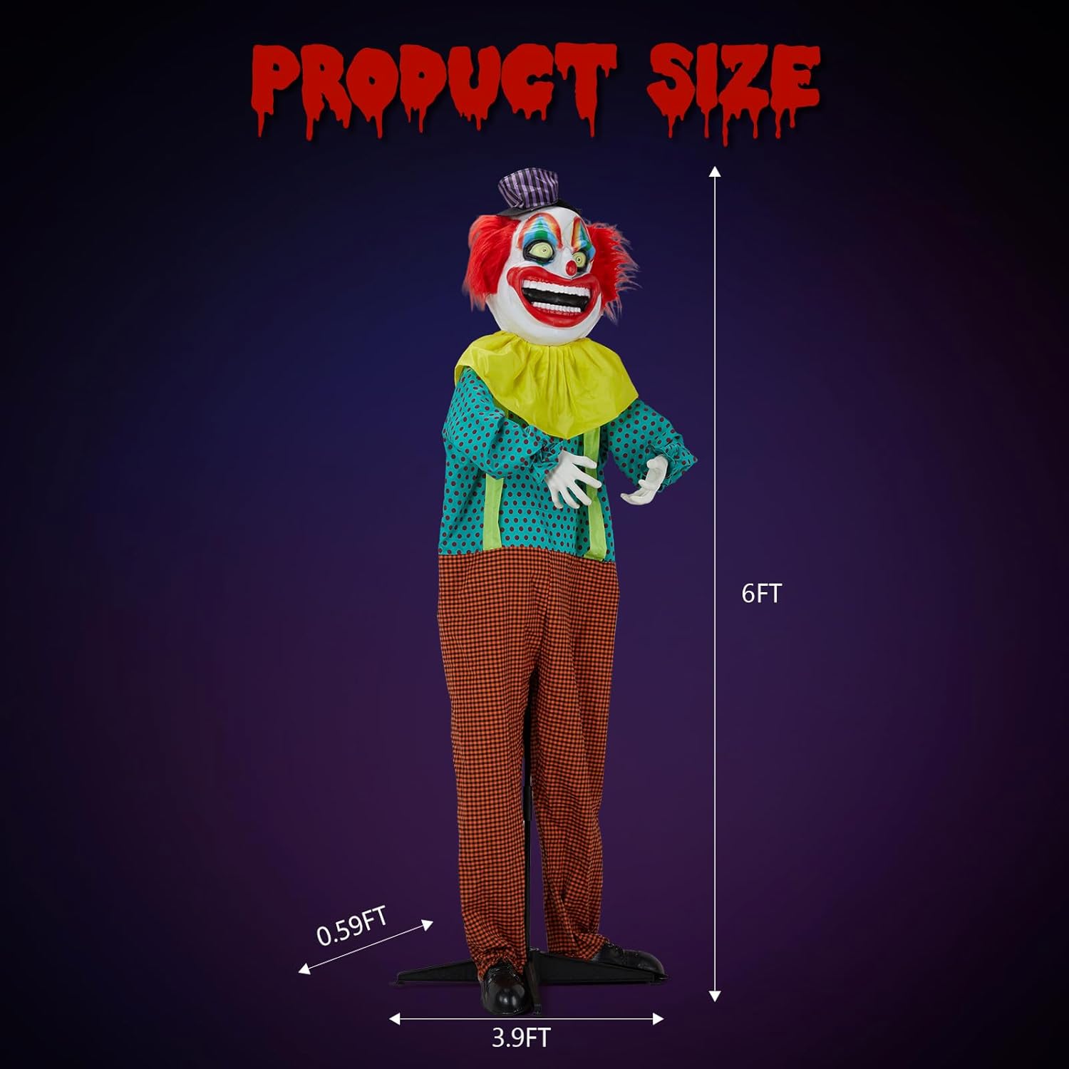 72" Animated Scary Clown Halloween Decoration - Life-Size Outdoor Animatronic with LED Red Eyes, Motion Activated & Creepy Sounds for Yard, Haunted House