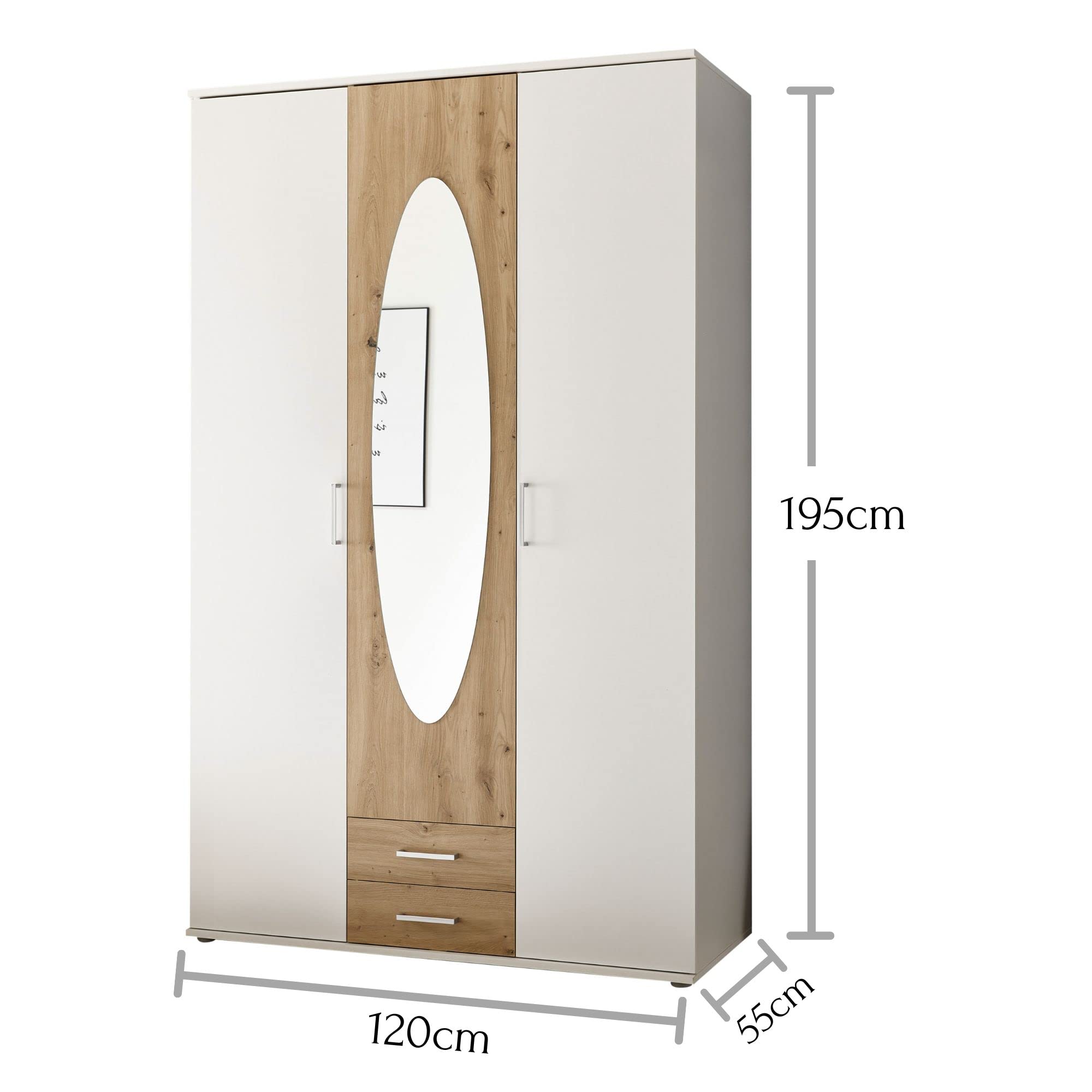 Stella Trading Kassel Espejo en Color, Aspecto Artesano, versátil Armario de 3 Puertas giratorias para tu Dormitorio, Madera de ingeniería, Blanco Artisan Roble, 120 x 195 x 55 cm