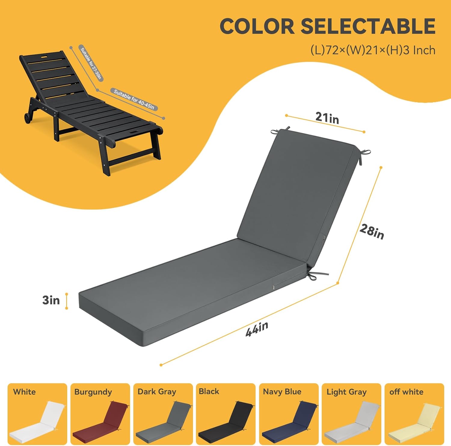 ROFIELTY Chaise Lounge Cushions, 72x21x3 inches, Lounge Chair Cushion with Non-Slip Bottom, Waterproof/Fade-Resistant/Removable, Suitable for Patio Pool/Beach Lounge Chair (ARY-019-Dark Gray)
