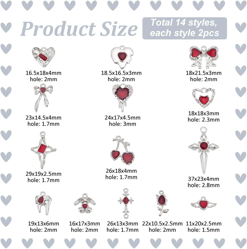 PH PandaHall 28pcs 14 Styles Alloy Gothic Charms Pendants, Platinum Red Heart Charm Enamel Dangle Pendant Vintage Metal Cross Flower Bow Charms for Halloween Jewelry Necklaces Earring Crafts Supplies - Image 2