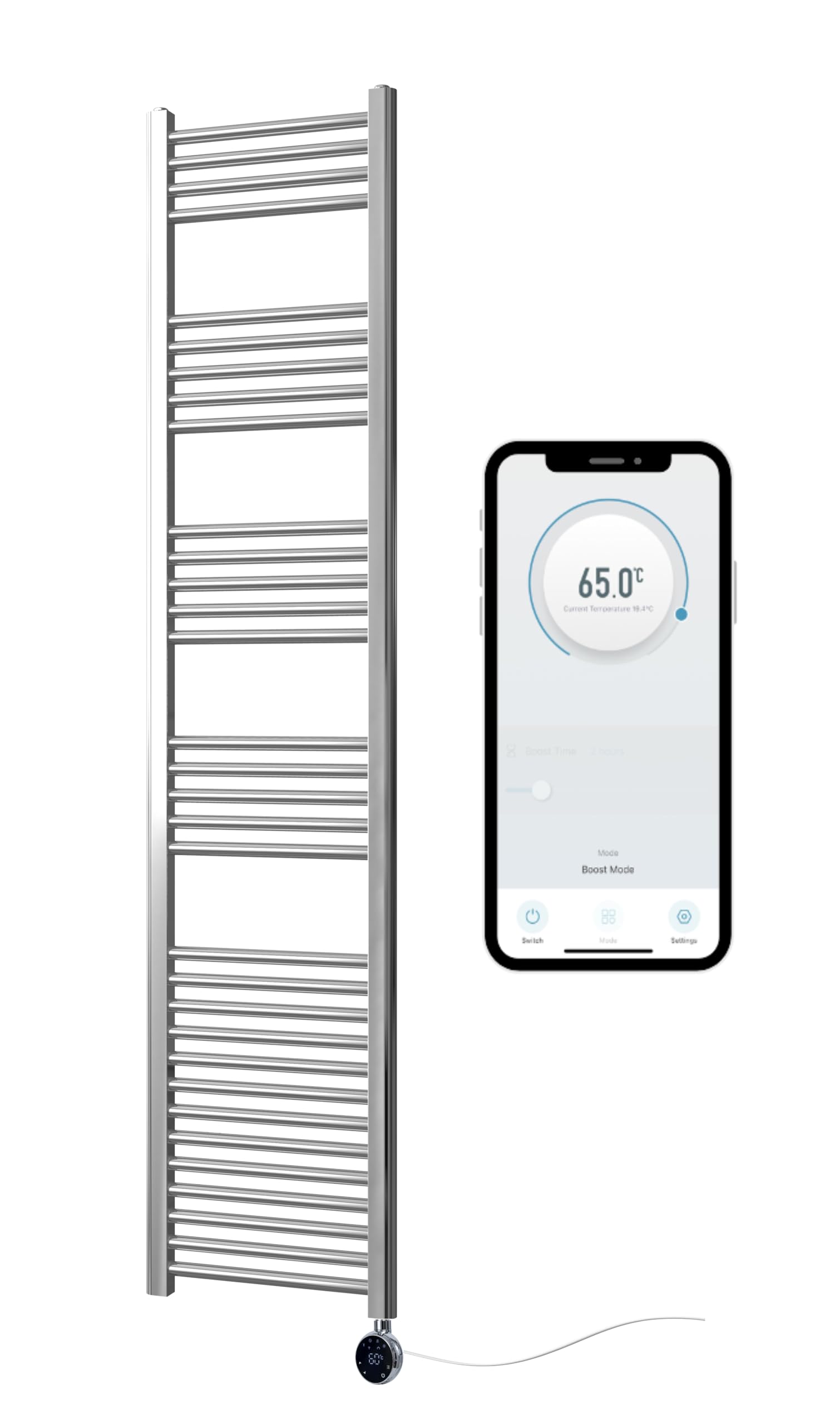 Greened House Chrome Electric WiFi Heated Towel Rail 400mm W x 1800mm H