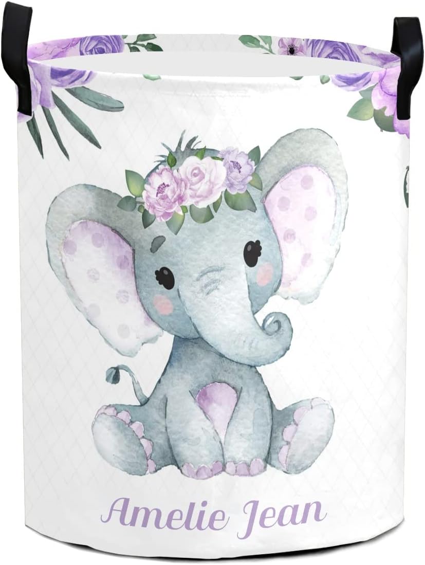 Purple Elephant Girl Rose Storage Bin, Waterproof Oxford Fabric Clothes Basket Organizer for Laundry Hamper,Toy Bins,Gift Baskets, Bedroom, Clothes,Baby Nursery