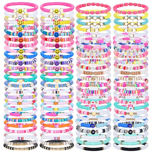 ZHLISHQINJJ 100 Pcs Friendship Bracelets for Women Bead Colorful Surfer Heishi Bracelet Set , Cute Clay Beaded Bulk Bracelets Stretch bracelets Clay for Women Stackable Bohemian Summer Beach Party, Valentine's Day, Birthday Gifts