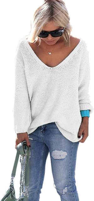 Mikos Sweter damski w serek casual hodie wakacje na lato oversize luźny sweter damski z dekoltem v cienki elegancki (617)