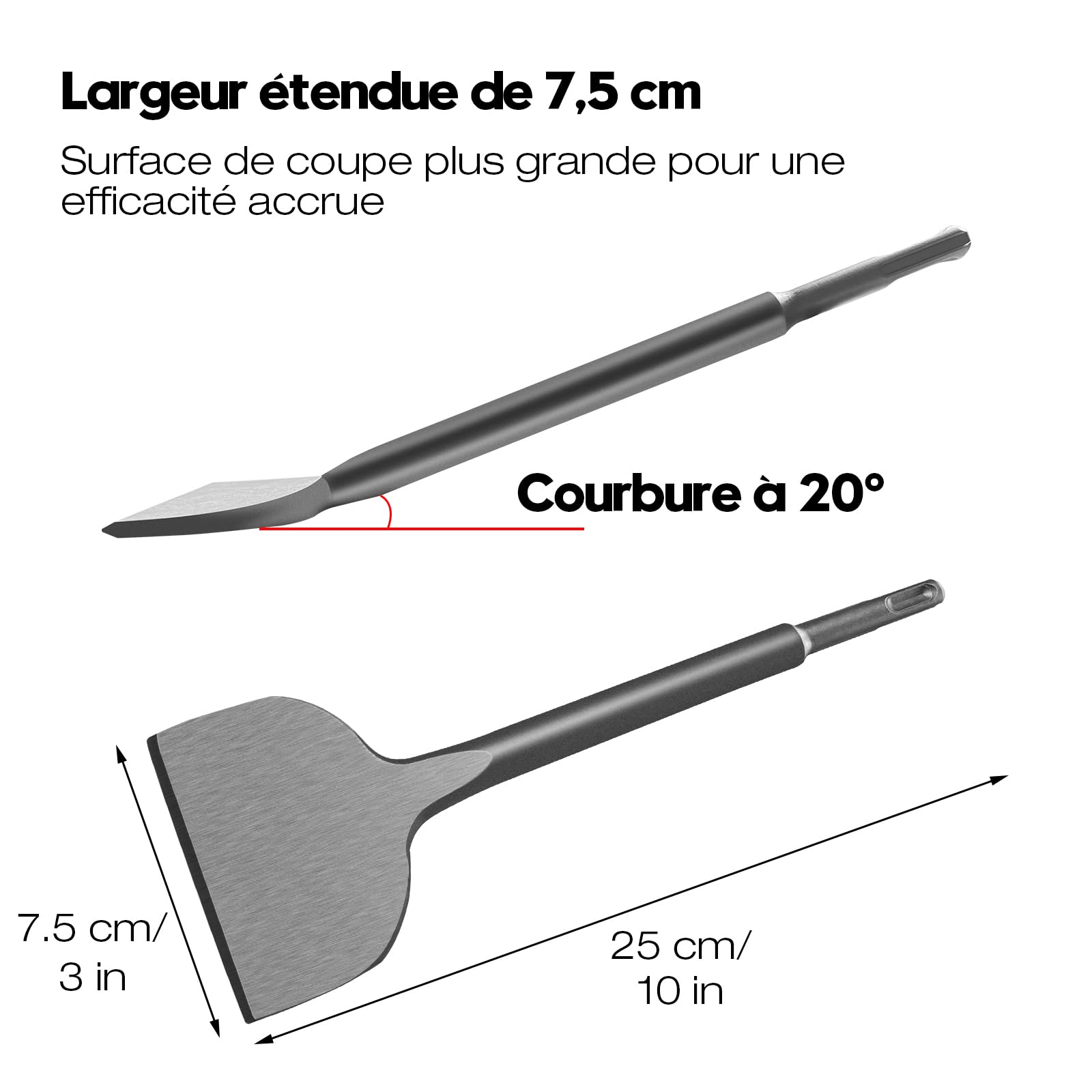 Burin SDS Plus 2 Pièces, Burin Plat & Burin Coudé à 20°, 250 x 75mm, Acier Allié 40Cr, Burin Carrelage pour Marteau Perforateur SDS Plus, Burin de Demolition pour Carrelage, Béton, Pierre