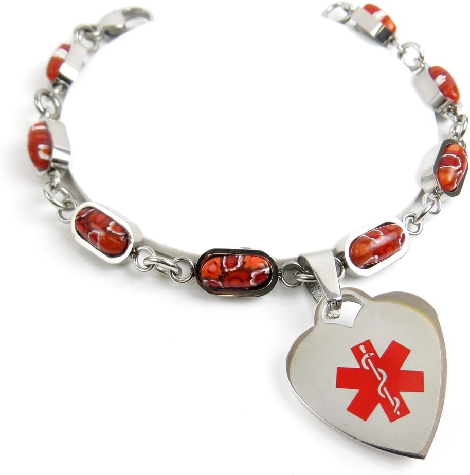 Engraved Womens Glass Medical ID Charm Bracelet Red Flower Pattern Red: Wrist Size 6.5 Inches