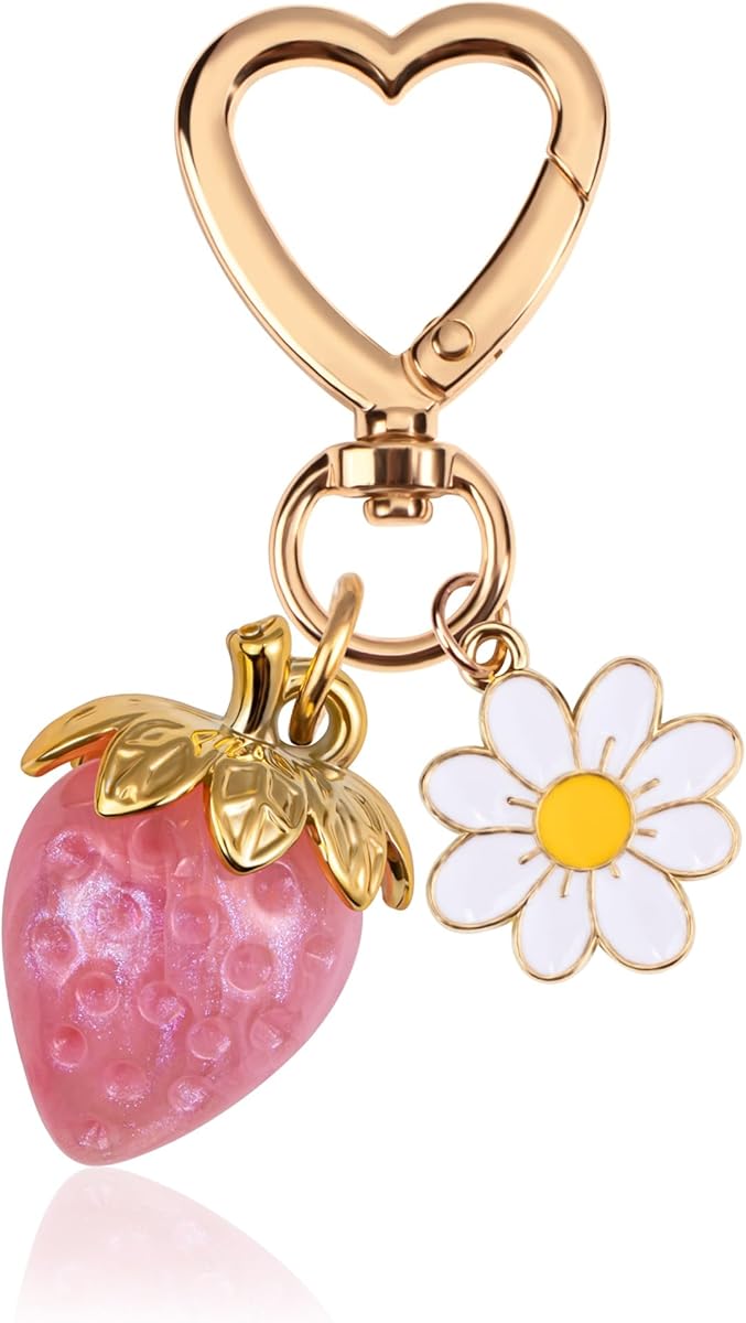 Wikavanli Cute Strawberry Keychain,Bag Charms,Kawaii Heart Flower Daisy Key chains Accessories Decor for Women Girls Purse