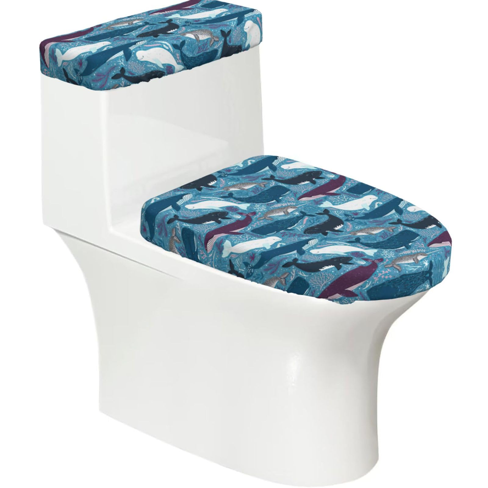 Whale Pattern Printed Toilet Tank and Lid Cover Set of 2 for Most Bathrooms, Fits Elongated Round Toilets