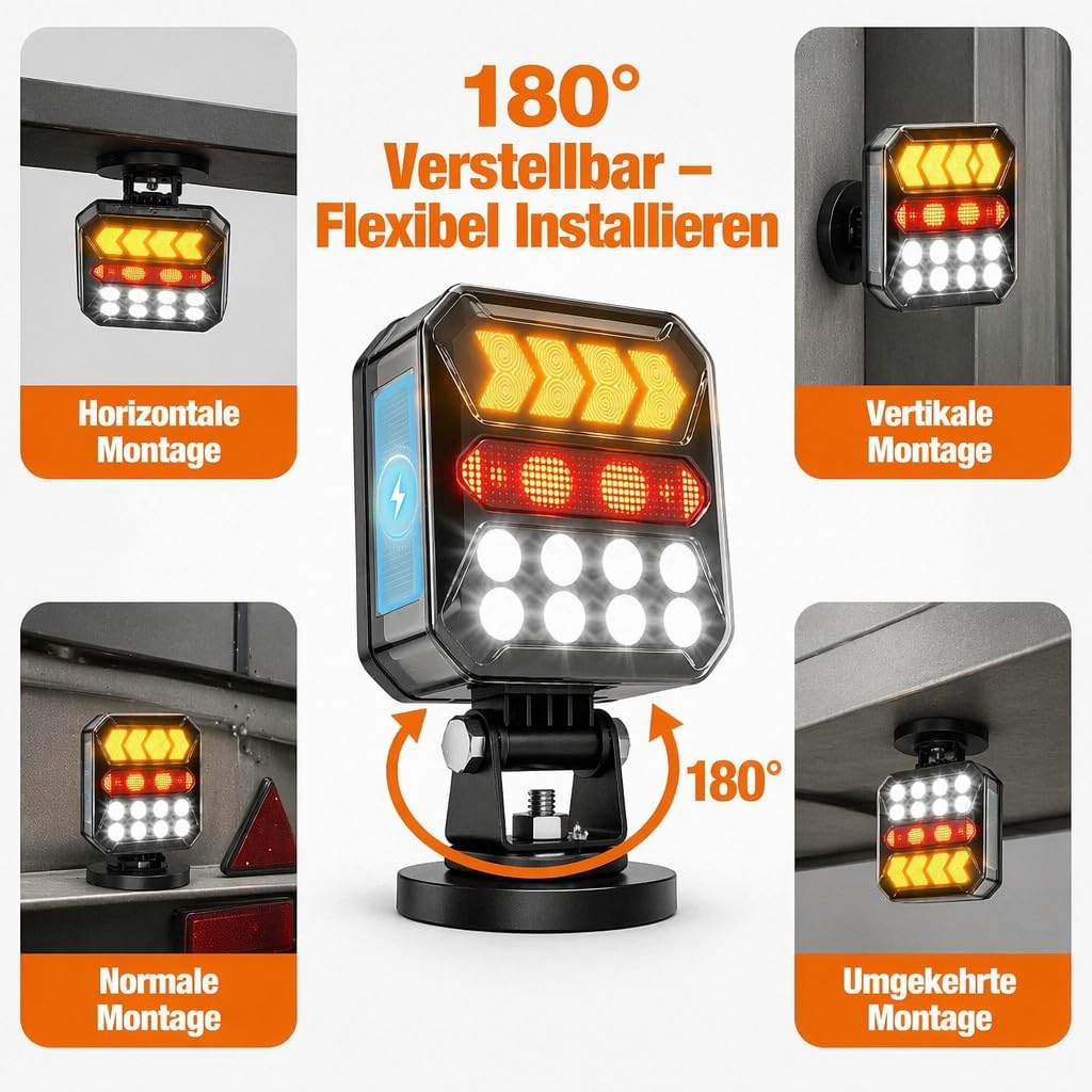 Fanali posteriori wireless per rimorchio, luci posteriori magnetiche a LED con luce di freno/lampeggiante/retromarcia, ricaricabile, 3000 mAh, inclinabile a 180°, IP67, impermeabile, 7 pin, per auto