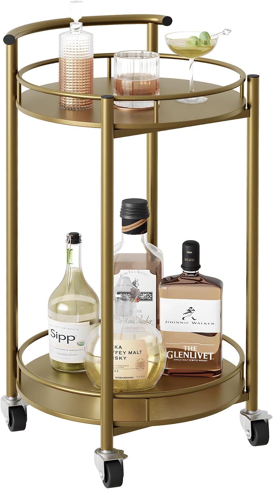 glitzhome 29.5" H Round Gold Bar Cart with 4 Wheels 2Tier