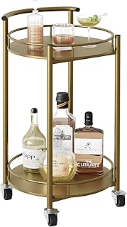 Azheruol Bar Cart Gold Rolling Cart for Home,2 Tiers Bar Serving Cart Round Wine Cart with Handle, Metal Wine Rack and Cas...