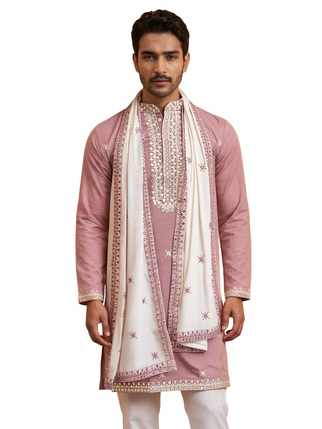 Embroidered Silk Blend Kurta and Dupatta for Men-image-3