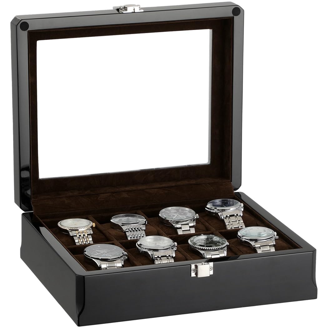 Organizador de relojes de madera, caja de reloj para hombre de 8 ranuras con parte superior de cristal, vitrina de madera con acabado lacado brillante, caja de regalo de reloj para hombres