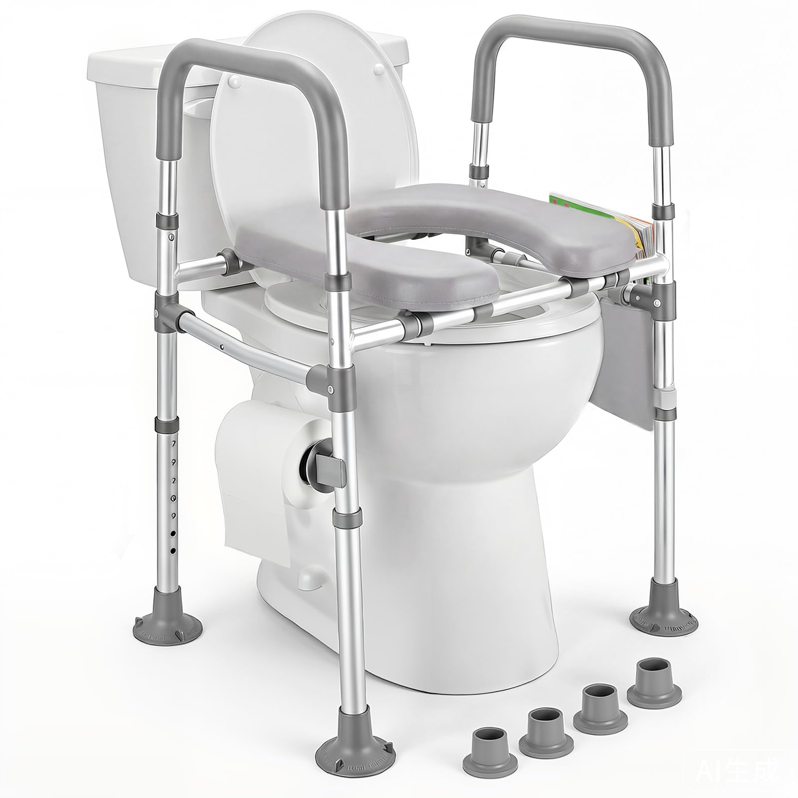 Rialzo WC per Anziani, Alzata per WC con Altezza e Larghezza Regolabili, Alza Water x Anziani con Braccioli per Anziani, Seduta Imbottita e Telaio in Alluminio, Adatto a Qualsiasi WC, Portata 150 kg