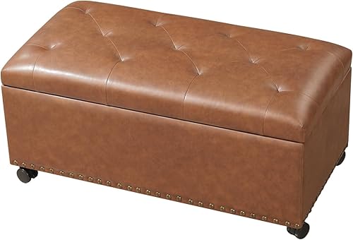 Miniatura 8 de Joveco Banco Otomán de Almacenamiento, 33 Pulgadas de Cuero Sintético Rectangular con Capitoné, Taburete para los Pies al Pie de la Cama, Marrón