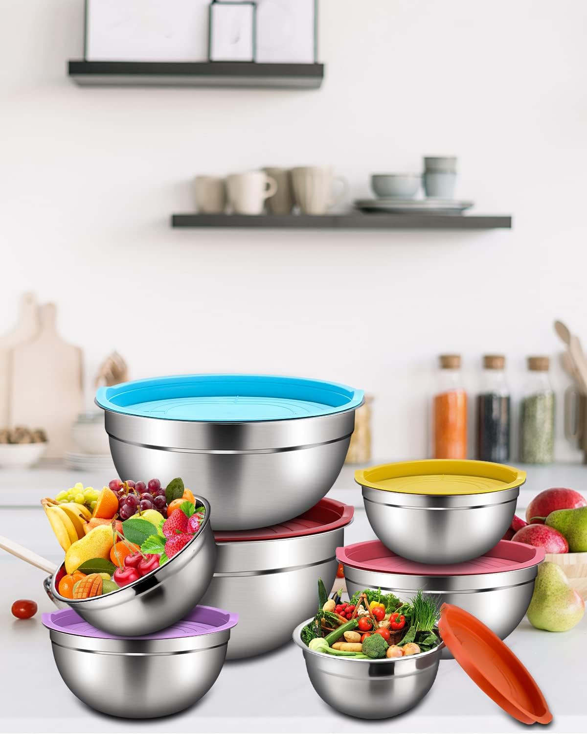 Set di 7 ciotole in acciaio inossidabile con coperchi colorati, ciotole miscelatori, insalatiere, impilabili per riporre minimi, cottura essenziale, utensili da cucina