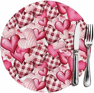 Valentine's Day Round Placemats for Dinning Tables,Heat-Proof Braided Table Mats 13 Inch,Pink Romantic Love Checkered Buffalo Washable Place Mat for Kitchen Restaurant Party Decor Table Setting