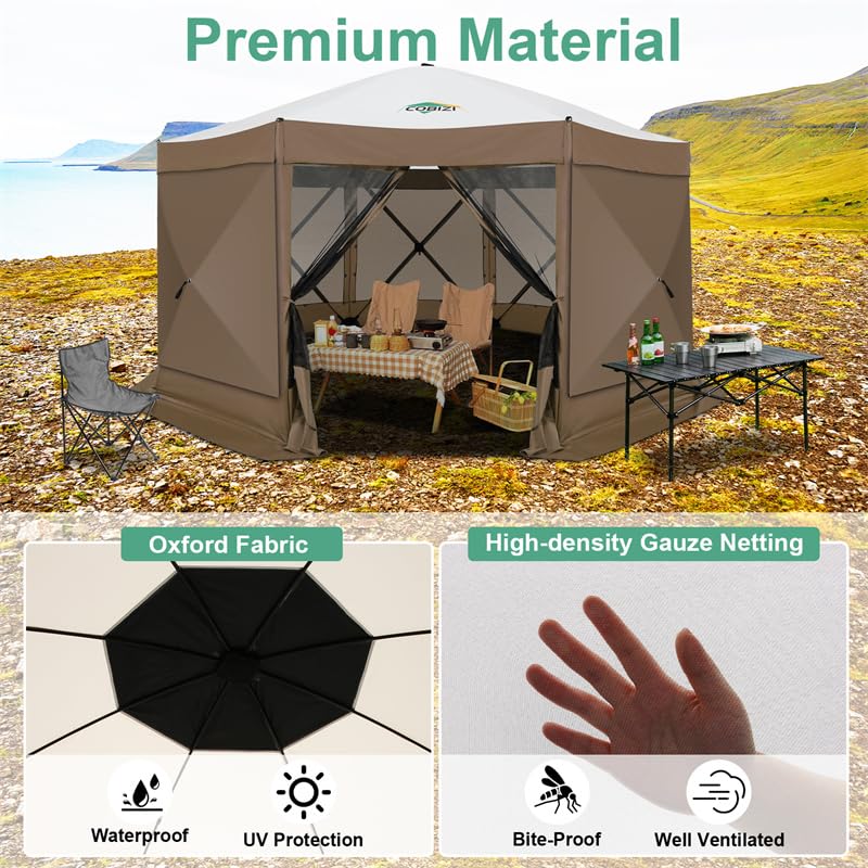 Image of COBIZI 15x15ft Extra Large Pop-Up Gazebo Canopy Tent with Mosquito Netting, Spacious Easy Set-Up Screened Shelter, Durable Outdoor Pavilion with Ground Stakes, Perfect for Patio, Backyard, Brown