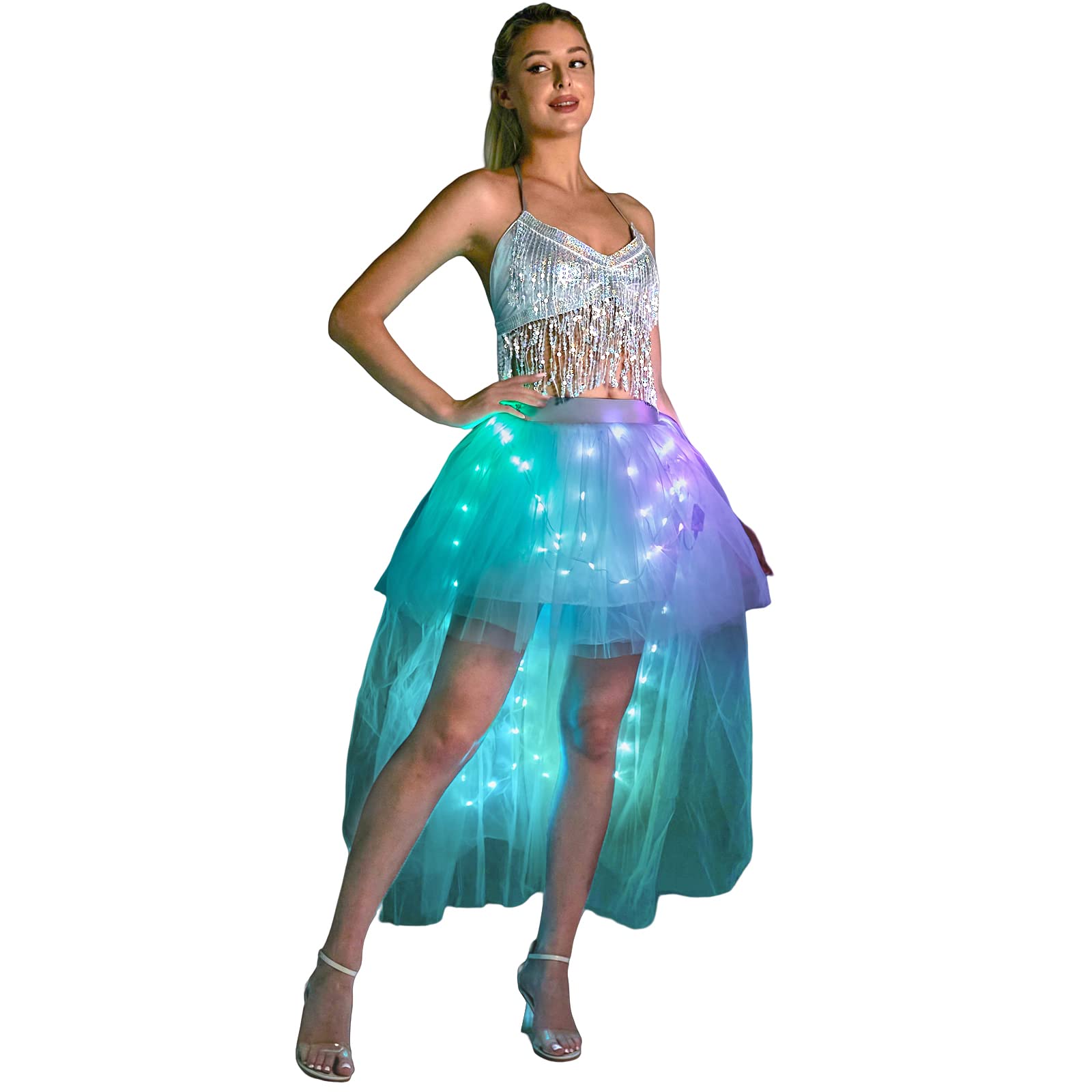 Long LED Tulle Skirt – Multicolored Smart Light Up Skirt Rave Tutu Dress for Women