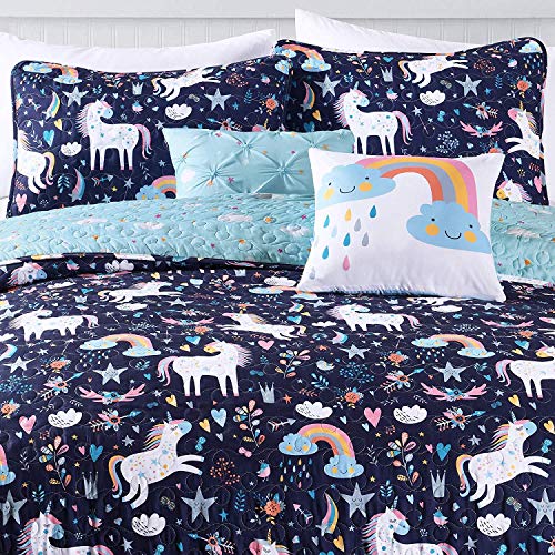 Pb&J Lush Decor Unicorn Heart Quilt 4 Piece Set, Twin, Navy - Bedding Set Includes Soft Reversible Quilt, 1 Matching Pillow Sham, And 2 Decorative Pillows #TOP5