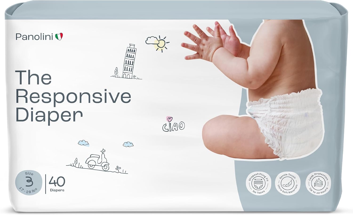 The Responsive Diaper Size 3 (17-28 Ibs), 40 Ct Italian Premium Design, No-Tape Flexible Fit Pull-Up Disposable Diapers for Babies, Soft, Unscented & Hypoallergenic, 12 Hrs Leak Protection