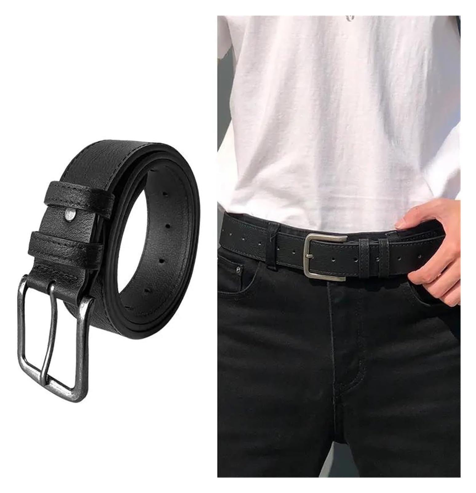 Cinturón clásico de piel sintética for hombre, con hebilla de metal ajustable, for vaqueros, negocios y uso informal.