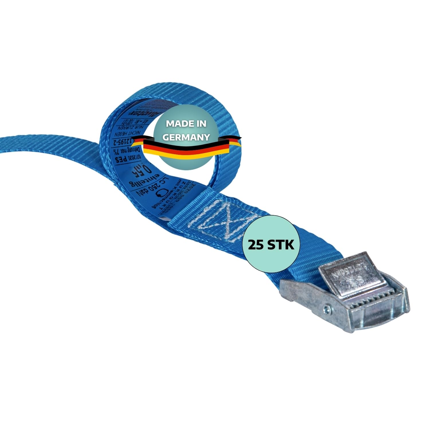 25 x Spanngurt 1-teilig mit Klemmschloss 1,5 m I Spanngurte mit Klemmschloss I Gurte zum Befestigen I kleine Spanngurte mit Sicherheitsetikett I Bandbreite 25 mm I Gurtband mit Schnalle
