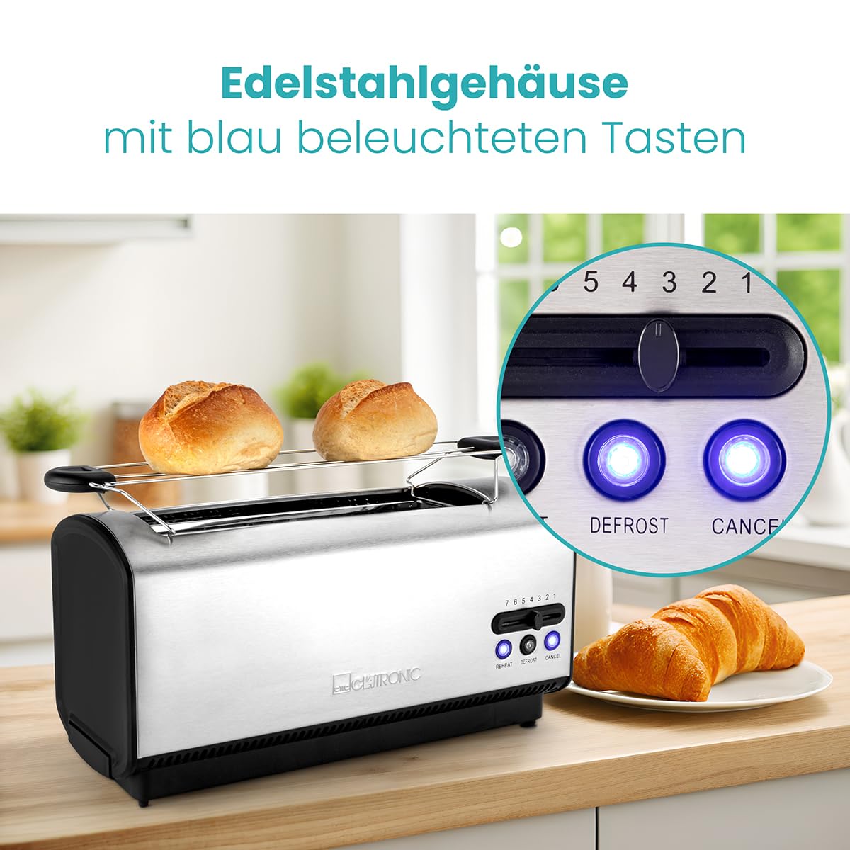 Tostapane Family Care Fetta Lunga 1300W - 4 Fette, 7 Livelli Tostatura, Vassoio Briciole, Acciaio Inox - Foto 3