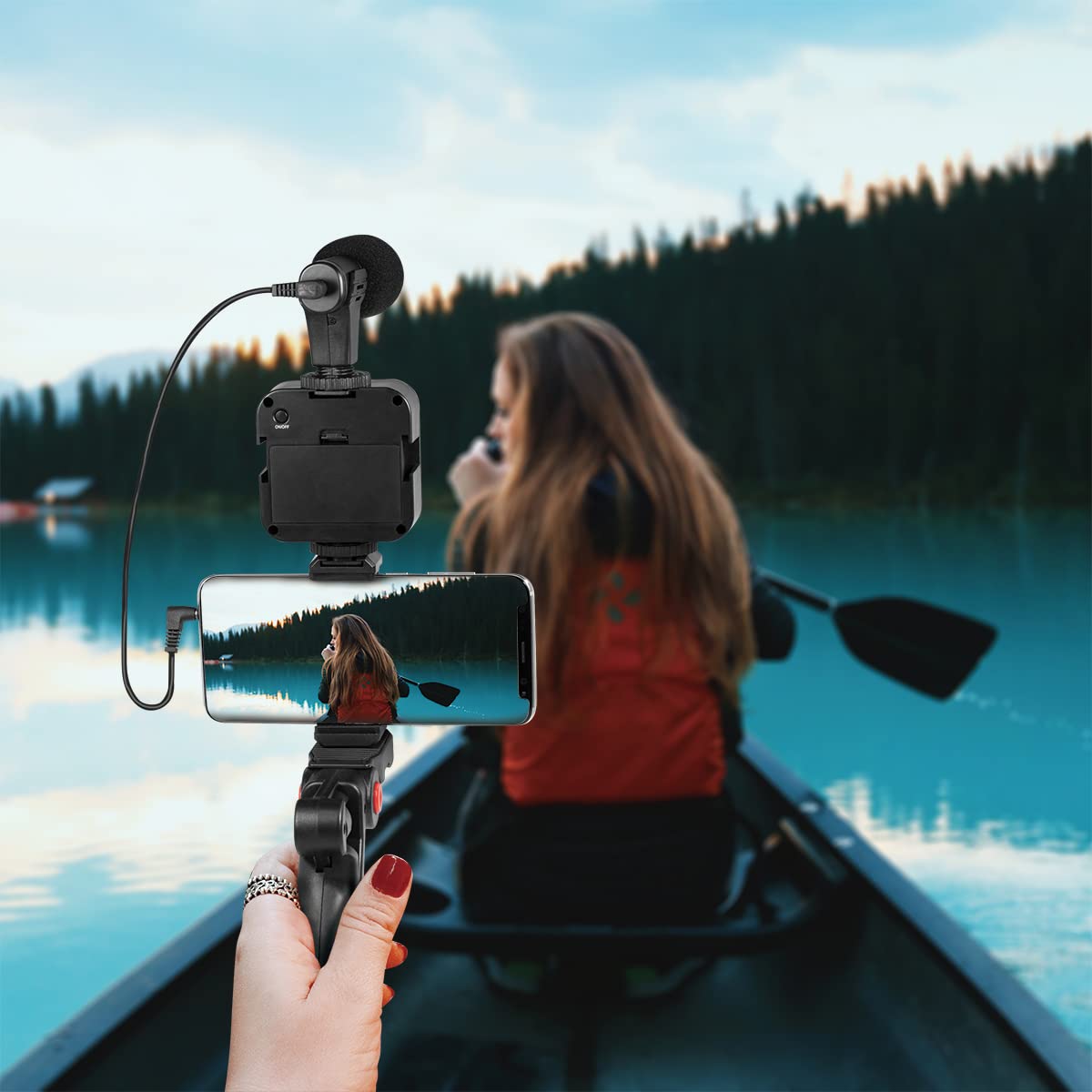 LogiLink Vlogger - Kit con luce LED (36 LED), microfono e treppiede, per smartphone da 4,7 a 7", colore: Nero