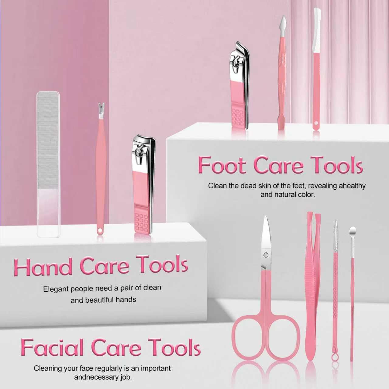 Andrea Juego de manicura, kit de 10 piezas de cortaúñas profesional de acero inoxidable, kit de manicura portátil, kit de pedicura (rosa)