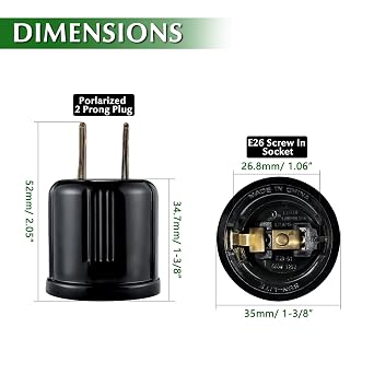 Outlet to Socket Adapter,Plug-in Light Socket,Convert Outlet to Light Bulb Socket,Polarized 2-Prong Outlet to E26 E27 Screw Base Bulb Socket, 660 Watt, 125 Volt, UL Listed (2, Black Color)