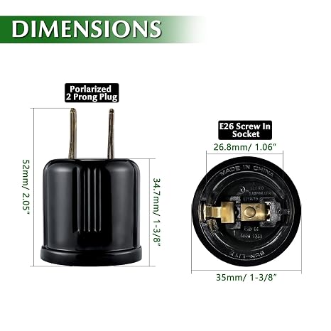 Outlet to Socket Adapter,Plug-in Light Socket,Convert Outlet to Light Bulb Socket,Polarized 2-Prong Outlet to E26 E27 Screw Base Bulb Socket, 660 Watt, 125 Volt, UL Listed (2, Black Color)