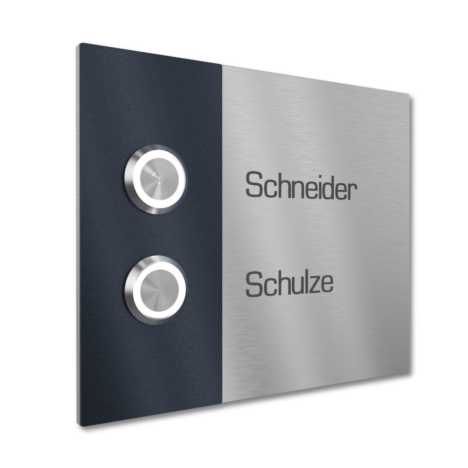 Zweifamilienhaus Klingel mit LED Klingeltaster 2 Namen Gravur - V2A Edelstahl Türklingel 140x115 mm - Unterputz wählbar Aufputz für Mehrfamilienhaus 2-fach