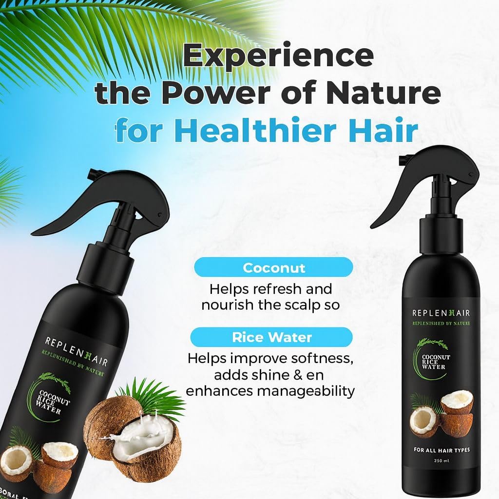 Reiswasser-Kokosnuss Haarspray – Leave-In-Conditioner mit Kokosöl & ätherischen Ölen für Haarwachstum, reduziert Haarausfall & Schuppen, fördert dichteres Haar – 250 ml