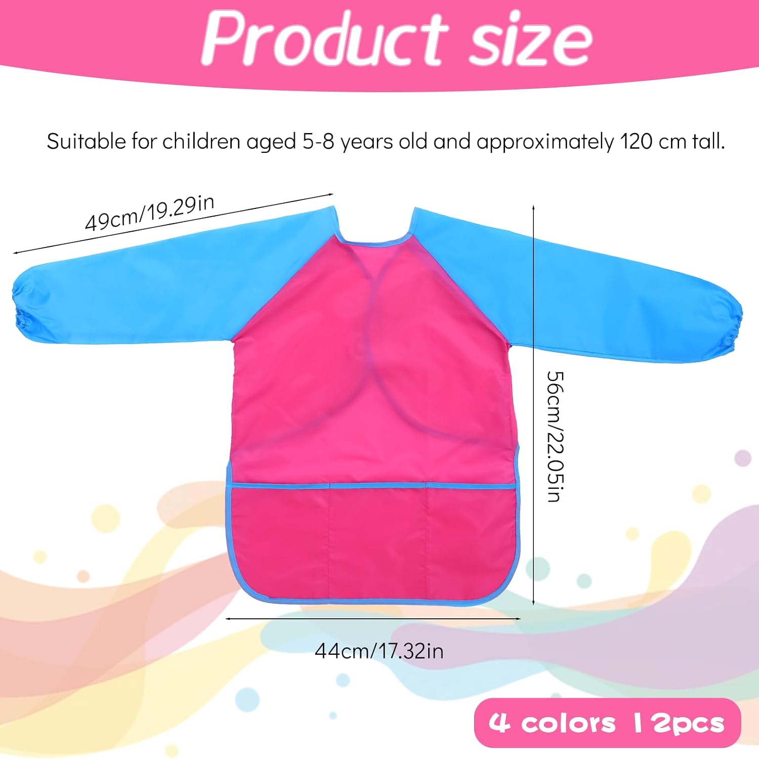 12 Pcs Kids Art Smocks, Waterproof Toddler Art Smock with Long Sleeve 3 Pockets 4 Colors Children Painting Aprons for Age 5-8 Years