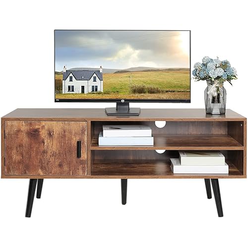 usikey Mid-Century Modern TV Stand for 55 Inch TV, Entertainment Center & Media Console with 2 Open Storage Shelves and 1 Storage Cabinet, TV Console for Living Room/Bedroom, Rustic Brown