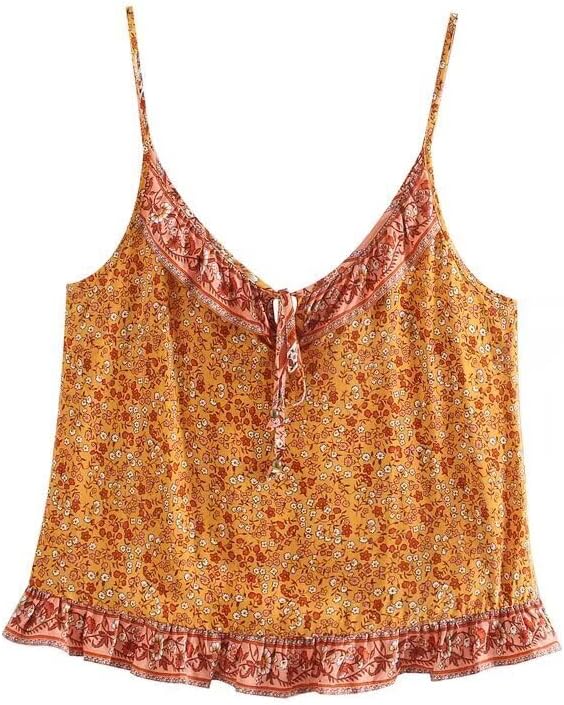 Women's Boho Floral Print Two Piece Set, Spaghetti Strap Cami Top And Ruffle Hem Skirt, Vacation Outfit