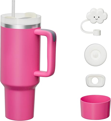 KISSKIND Vaso de 40 onzas con asa y pajilla, tapa de copa rosa intenso, tapa de silicona a prueba de fugas, tapa de pajilla, vaso rosa caliente,