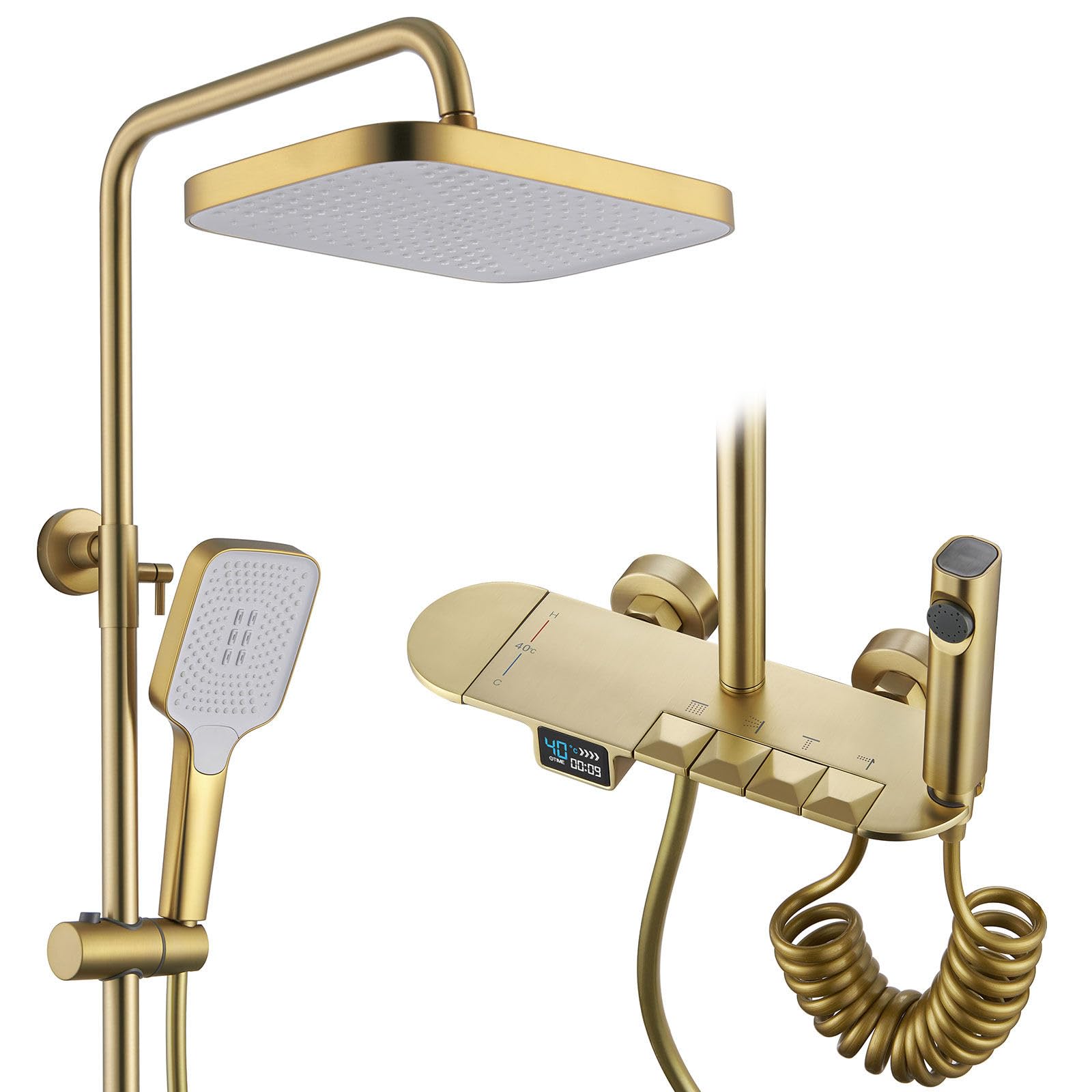 BEITH Termostatyczny system prysznicowy, kwadratowy zestaw prysznicowy 30 x 20 cm, cyfrowy wyświetlacz LED, zestaw baterii prysznicowych z kluczem fortepianowym, ręczny, bateria wannowa, pistolet