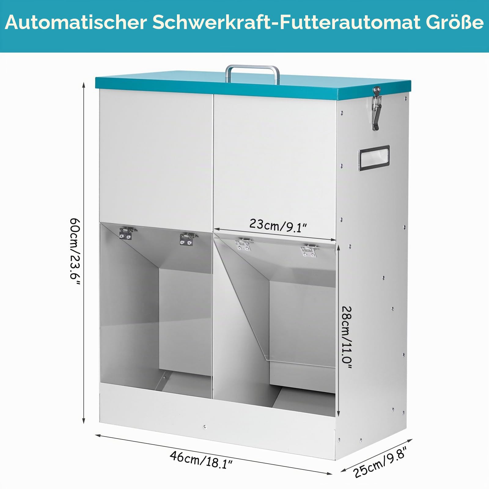 20KG Automatischer Schwerkraft-Futterspender, Verzinktes Metall Doppel-Futterschale für 2 Hunde, Keine Montage, geeignet für große Hunderassen, Innen- & Außeneinsatz, Robuster Futterautomat Hundenapf