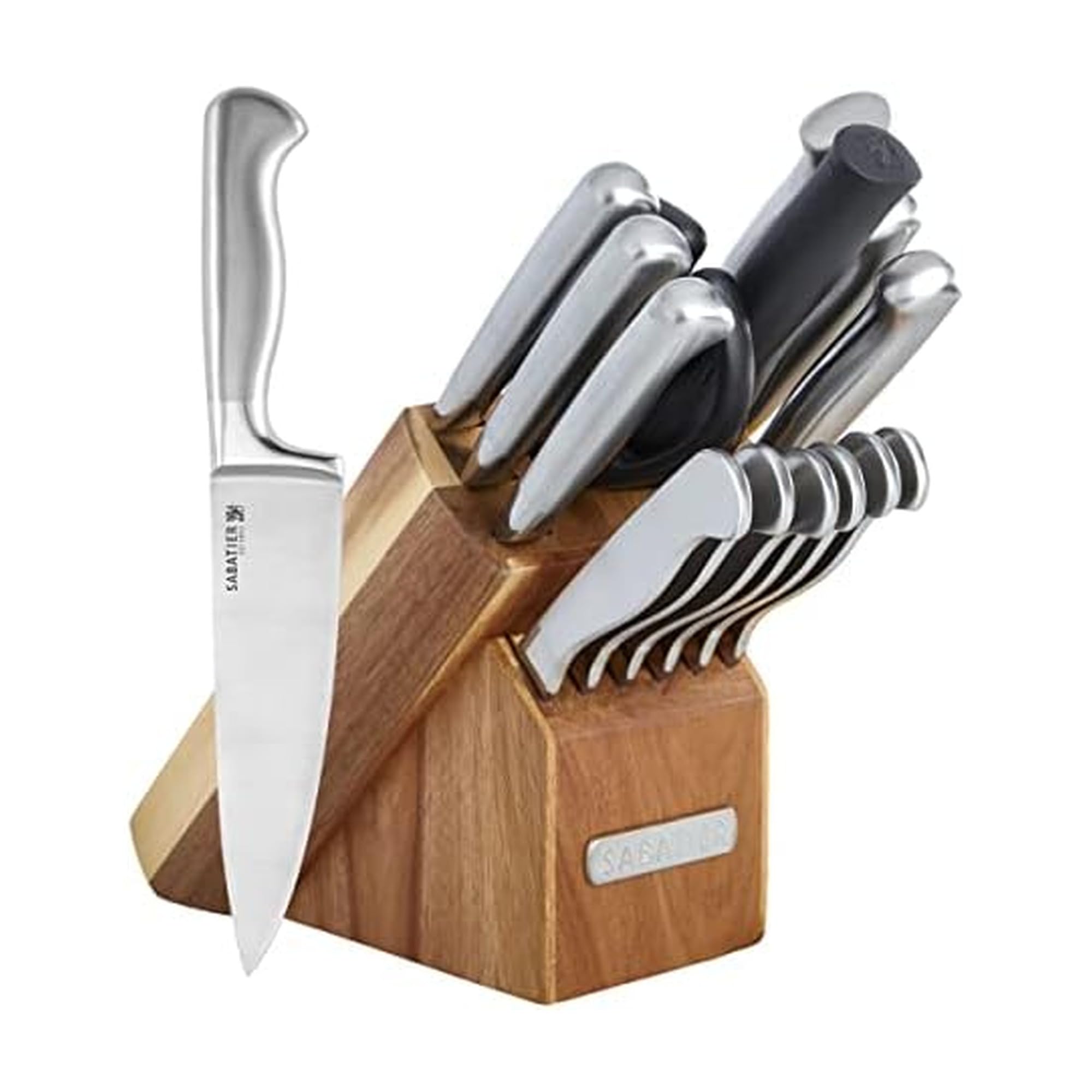 15-Piece Forged Stainless Steel Knife Block Set, High-Carbon Stainless Steel Kitchen Knives, Razor-Sharp Knife set with Acacia Wood Block, Stainless Steel Handles