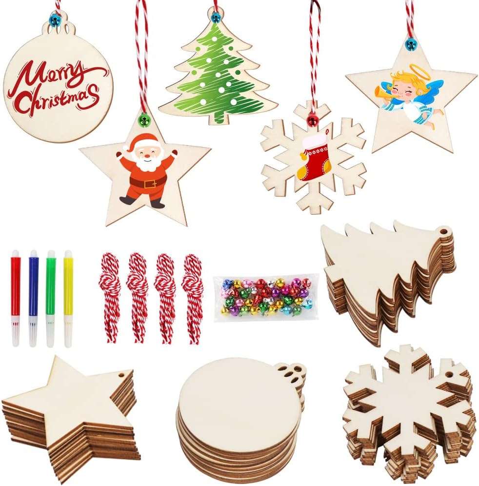 OurWarm 40pcs Christmas Wooden Ornaments Unfinished, Christmas Crafts 4 Style for Crafts Pre-drilled Natural Wood Slices for Kids for Christmas Ornaments DIY Crafts (with 4 Coloured Pens)