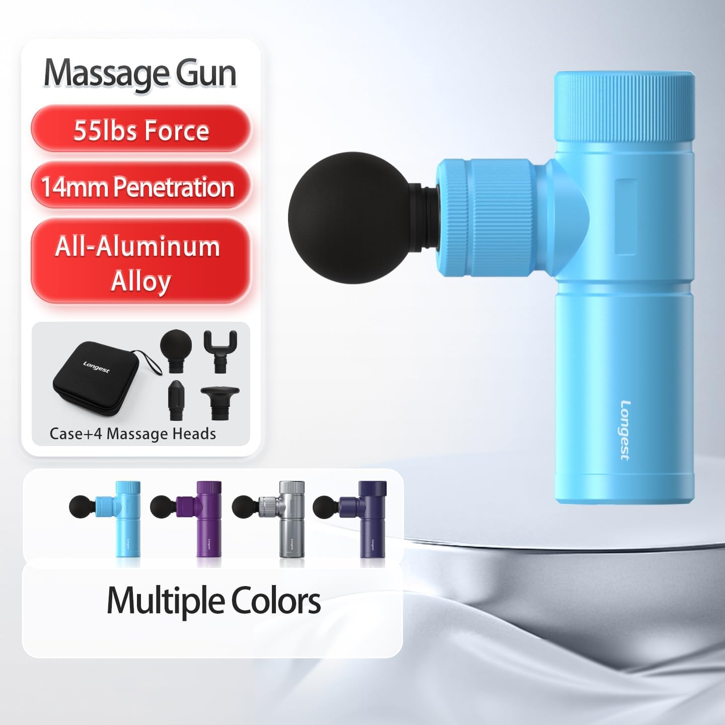 LONGEST Mini Deep Tissue Massage Gun, Percussion Handheld Muscle Gun for Pain Relief & Recovery, Cordless Travel Massager for Back Neck Shoulder with 4 Heads, Gift for Men Women Blue