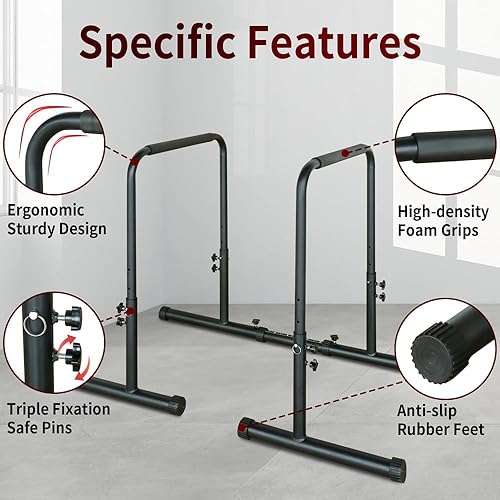 Miniatura 9 de Power Tower - Estación de inmersión con barra de dominadas, altura ajustable, equipo de entrenamiento multifunción, soporte de empuje, color negro