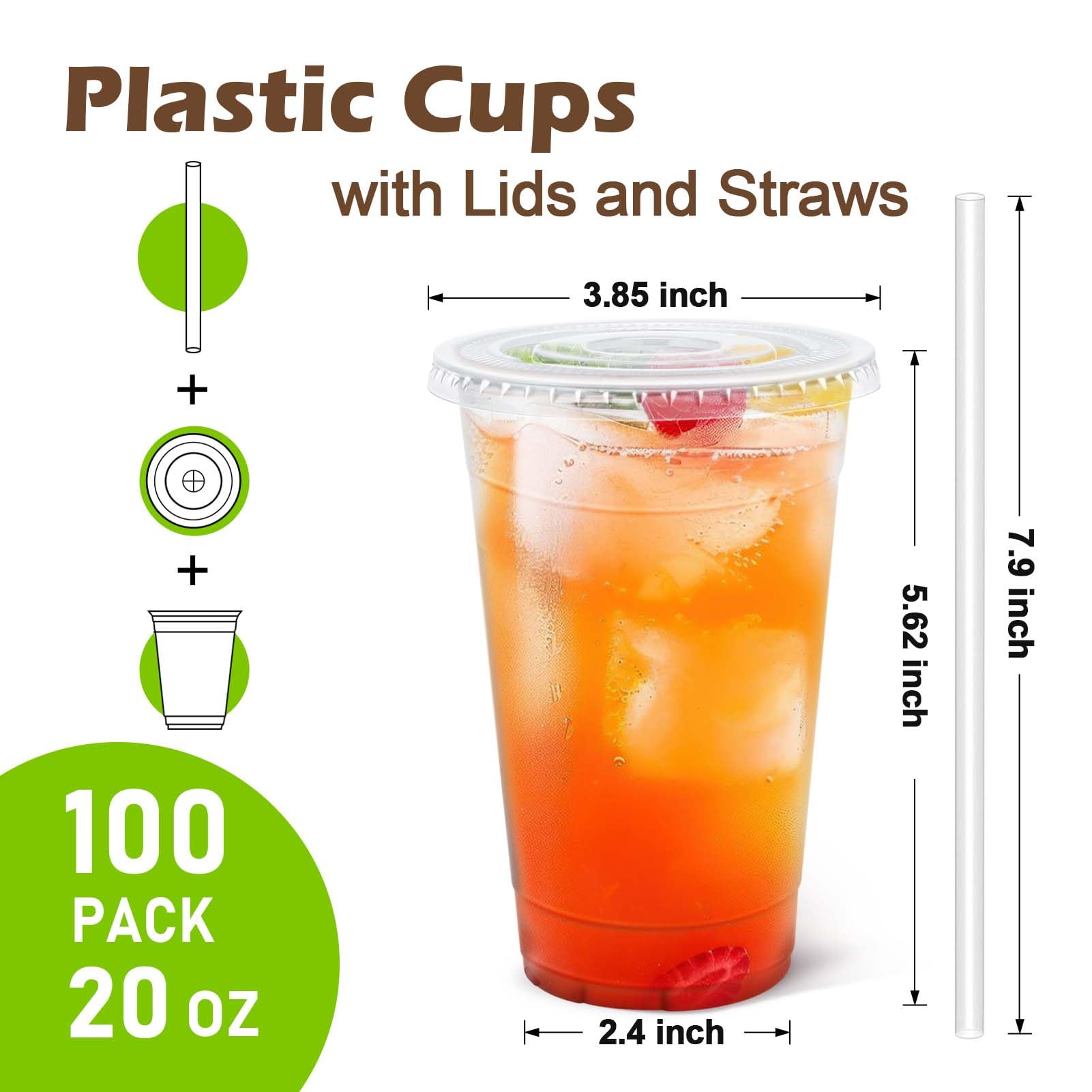 Clawsoff 100 Pack 20 oz Disposable Clear Plastic Cups with Lids and Straws — Amazon image 2